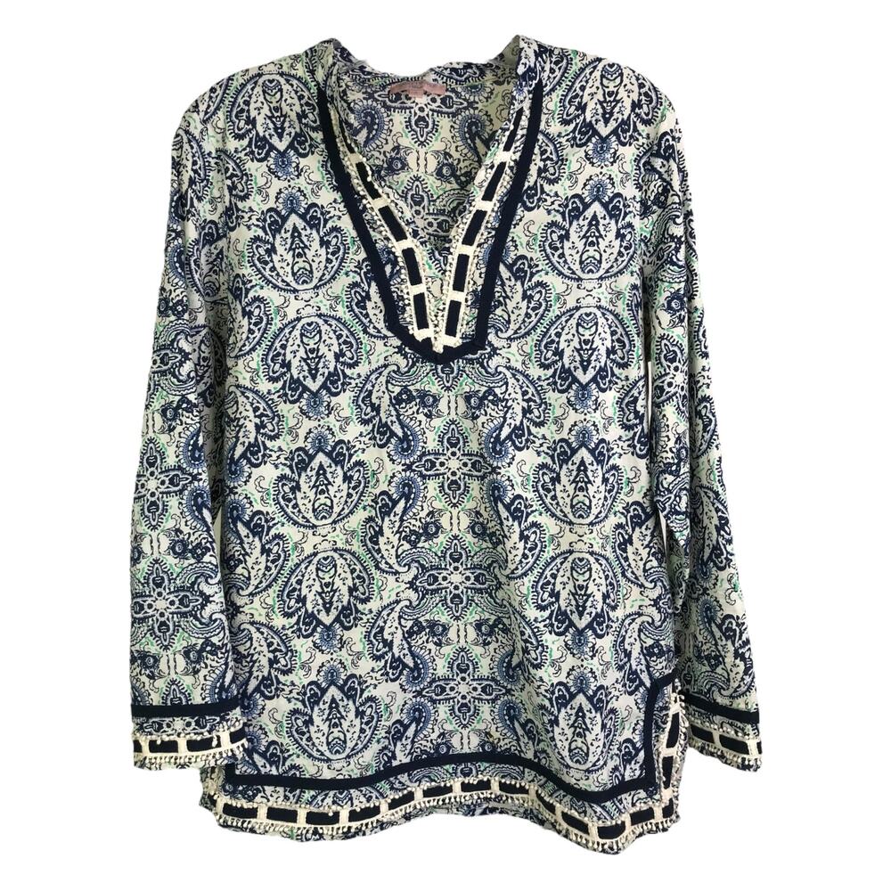 Saint Tropez Top‎ Womens Sz Small Multi-Color Paisley Pattern V-Neck Long Sleeve